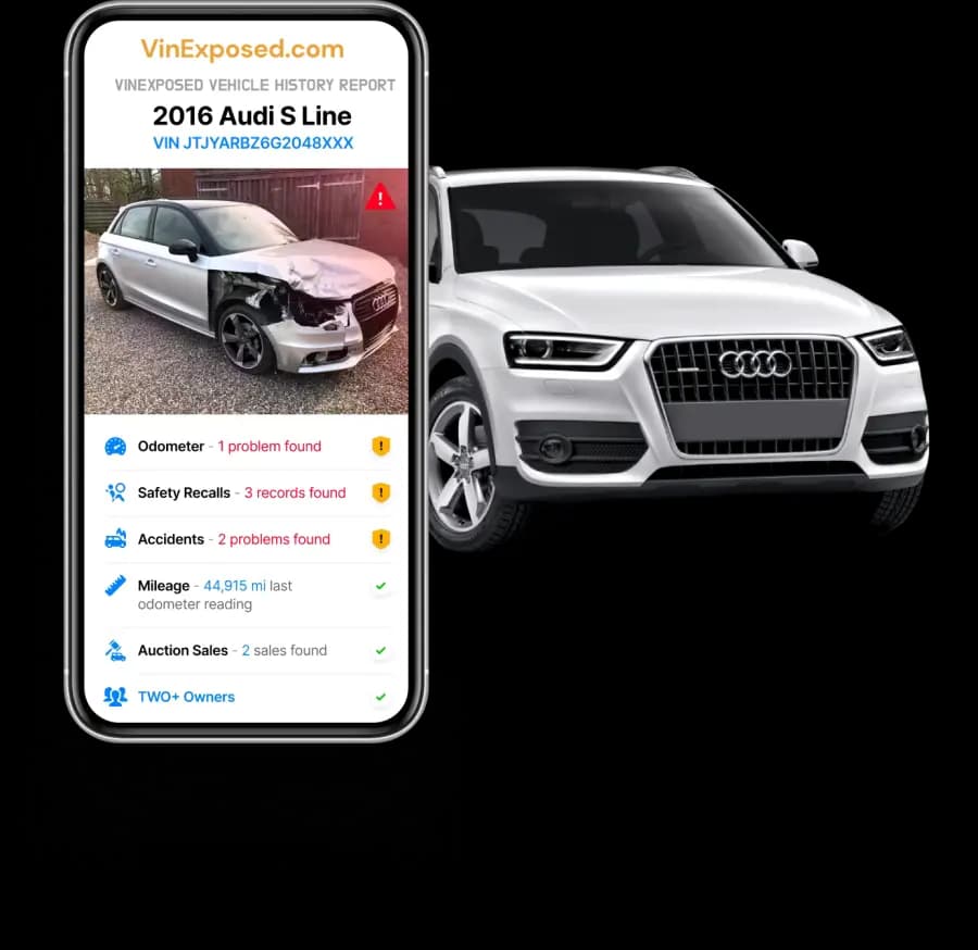 Example VinExposed report showing vehicle damage, odometer, recall and auction records